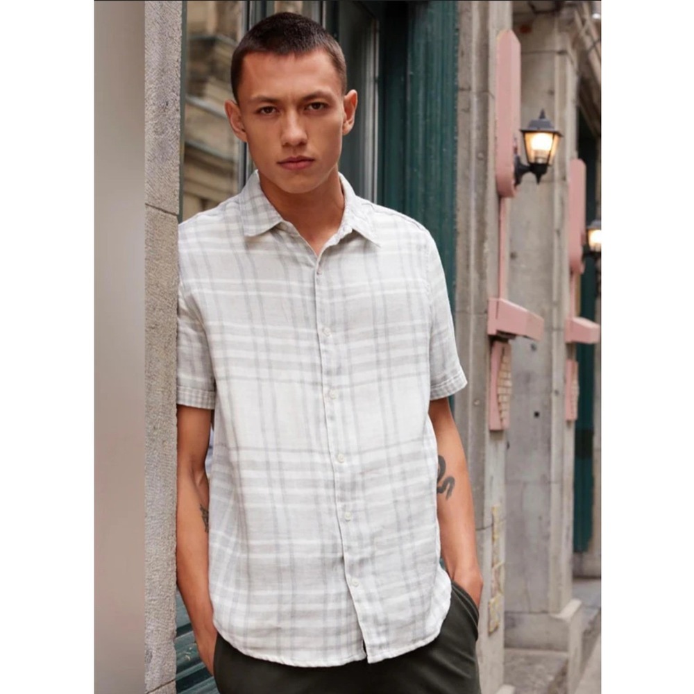Hedge Men's Grey White Check Short‎ Sleeve Button Up Shirt Gauze Lightweight- XL